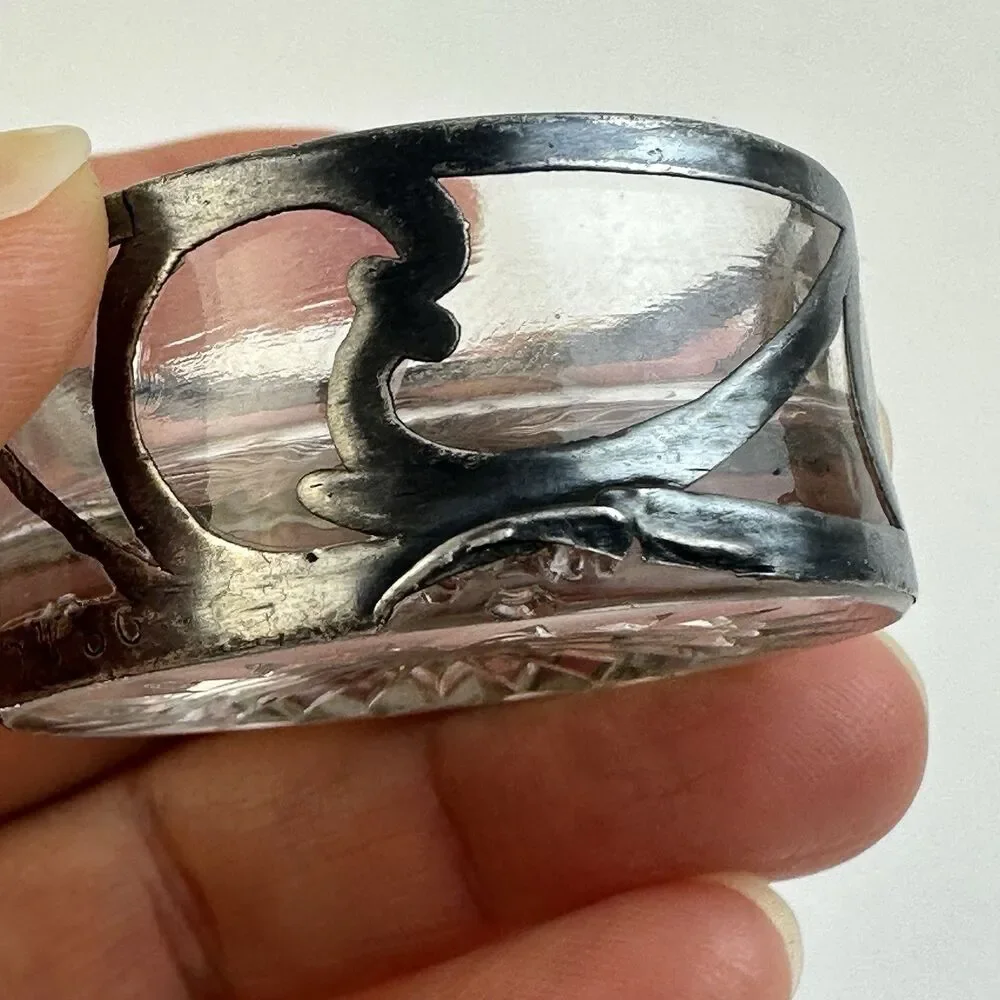 Antique Art Nouveau Sterling Silver Overlay Cut Glass Open Salt Cellars Set of 2